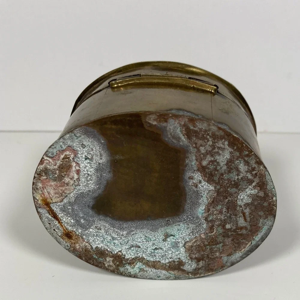 Vintage Brass Oval Trinket Box Filigree Owl Hinged Lid Patinated Rustic Decor